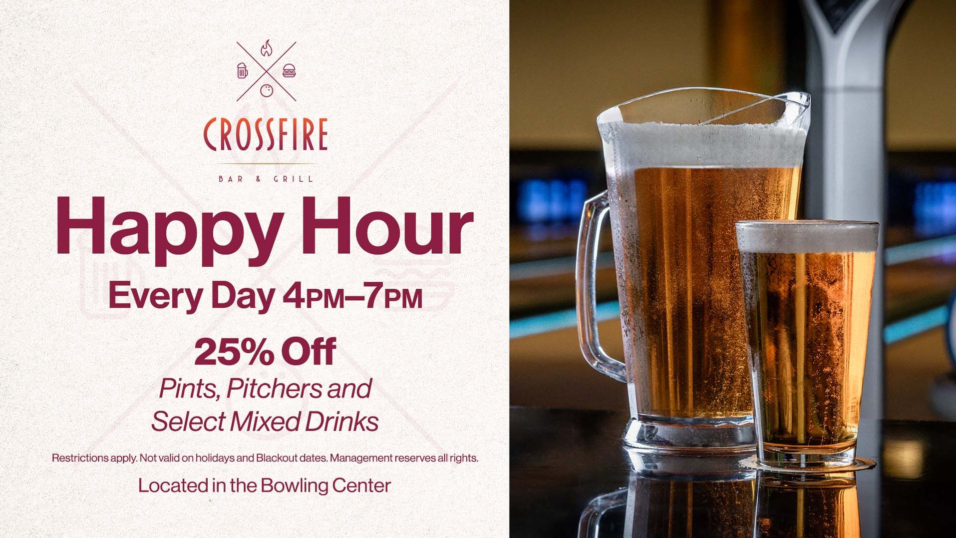 Ad for Crossfire Bar &amp; Grill for Happy Hour, Every Day 4pm-7pm