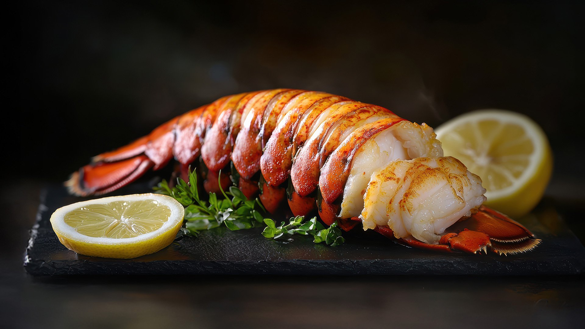 An image of a lobster tail with lemon slices on a slate platter.