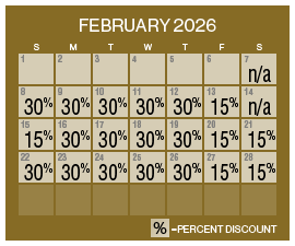 Image of discount rate calendar for Grand Sierra Resort ‌Winter Resort Sale in February 2026.