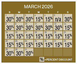 Image of discount rate calendar for Grand Sierra Resort ‌Winter Resort Sale in March 2026.