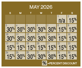 Image of discount rate calendar for Grand Sierra Resort ‌Winter Resort Sale in May 2026.